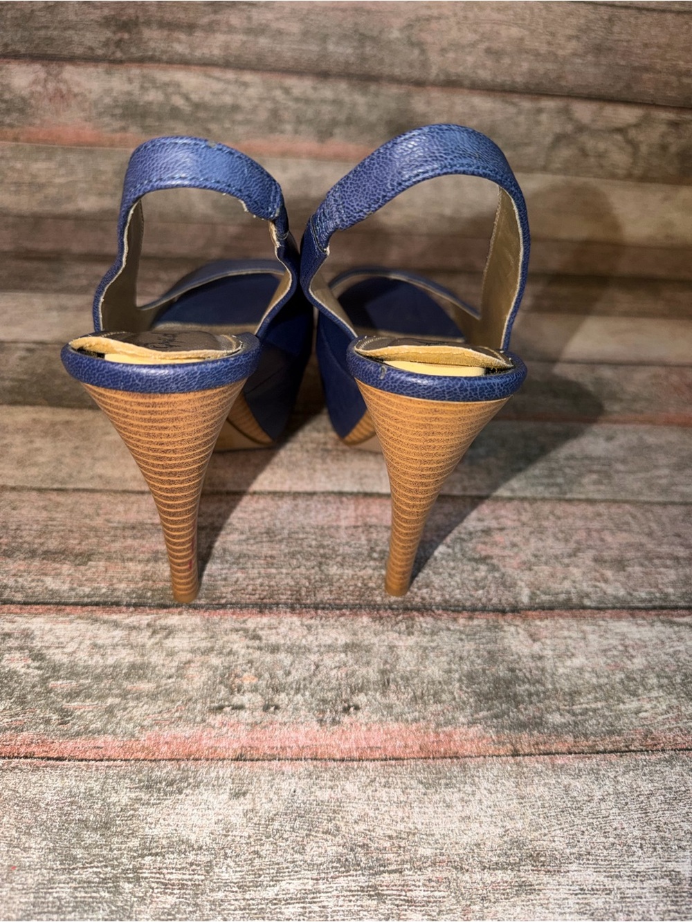 Qupid Navy Blue Peep-Toe Slingback Platform Heels with Wood-Look Platform - Picture 6 of 8